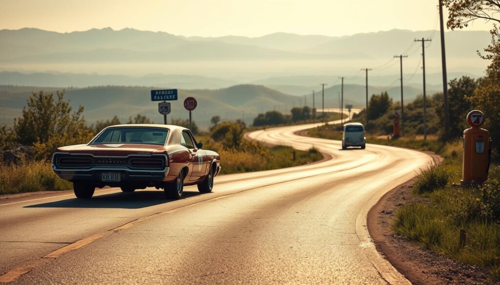 A sun-dappled, winding road winds through a lush, verdant landscape, its asphalt ribbons reflecting the passage of time. In the foreground, a classic American muscle car from the golden age of automotive design cruises along, its chrome trim gleaming in the warm light. Iconic road signs and vintage gas pumps dot the scene, hinting at the history and evolution of the nation's transportation infrastructure. The middle ground is dotted with other vintage vehicles, each a testament to the ingenuity and innovation that have shaped the American automotive industry. In the distance, rolling hills and a hazy horizon suggest the vast expanse of the country, a canvas upon which the story of the automobile has been written. The overall mood is one of nostalgia and reverence, capturing the influential moments that have defined the trajectory of the U.S. automotive history.