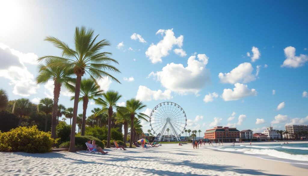 A sun-drenched beach scene in Myrtle Beach, South Carolina. In the foreground, soft white sand and gently lapping waves caress the shore. Towering palm trees sway in the warm coastal breeze, casting dappled shadows across the landscape. In the middle ground, beachgoers lounge on colorful beach chairs, soaking up the rays and enjoying the tranquil atmosphere. The background features the iconic Myrtle Beach Skywheel, its massive ferris wheel silhouetted against a vibrant blue sky dotted with fluffy white clouds. Lush green foliage and quaint coastal buildings frame the scene, creating a picturesque and inviting vacation destination.