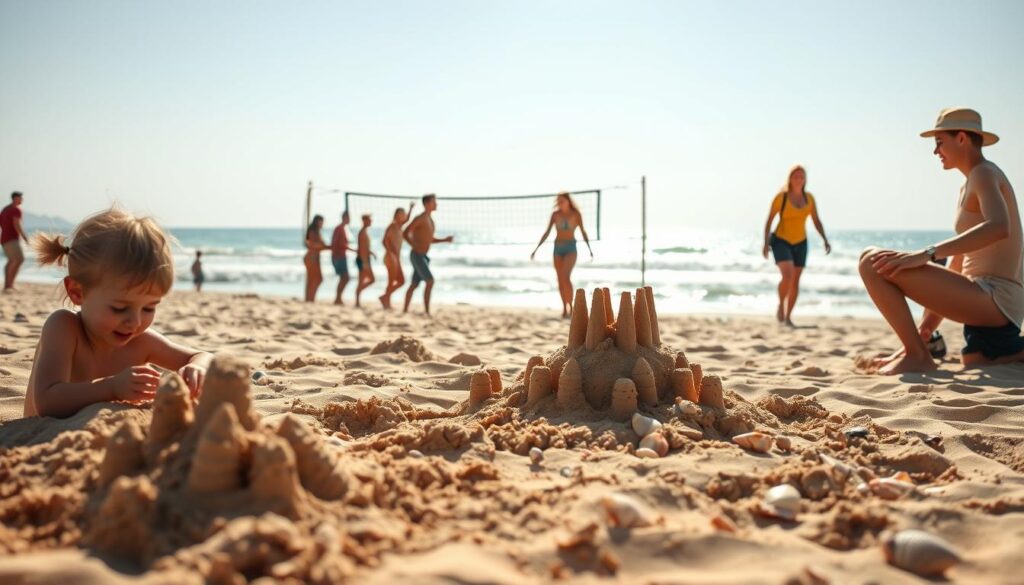 A sun-drenched beach scene with families enjoying low-cost sand activities. In the foreground, children build intricate sandcastles, their tiny hands sculpting towers and moats. In the middle ground, a group of teenagers engage in a lively game of beach volleyball, their laughter and cheers echoing across the golden sand. In the background, a couple strolls hand-in-hand, taking in the serene ocean view as they search for unique seashells to add to their collection. Soft, natural lighting casts a warm glow, creating a relaxed, carefree atmosphere. The scene exudes a sense of simple pleasures and togetherness, perfectly capturing the essence of a budget-friendly beach vacation.