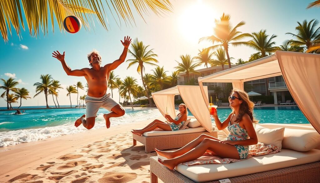 A sun-drenched resort scene, with a family of four enjoying a variety of activities. In the foreground, a father and son engage in a lively game of beach volleyball, their forms captured mid-leap against a backdrop of azure waves. In the middle ground, a mother and daughter lounge on plush cabana beds, sipping tropical cocktails and soaking up the warmth of the golden afternoon sun. The background showcases the resort's lush tropical gardens, punctuated by swaying palm trees and a shimmering infinity pool, inviting guests to indulge in a state of pure relaxation. The overall mood is one of carefree bliss, capturing the essence of an unforgettable resort stay.