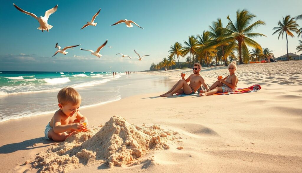 A sun-drenched sandy beach, with a family of four frolicking in the crystalline waves. In the foreground, a young child builds an intricate sandcastle, while their sibling splashes joyfully nearby. In the middle ground, parents recline on vibrant beach towels, sipping refreshing drinks and watching over their little ones. Seagulls soar overhead, and a gentle breeze ruffles the palm trees lining the shore. The warm, golden light bathes the scene in a timeless, idyllic atmosphere, capturing the essence of a perfect family beach vacation.