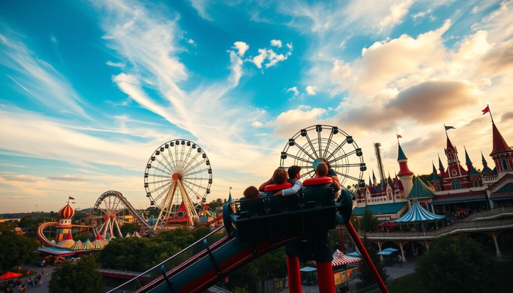 A thrilling, family-friendly theme park set against a vibrant, sun-dappled sky. In the foreground, a towering roller coaster twists and turns, riders' faces alight with excitement. Midground, a Ferris wheel slowly rotates, offering panoramic views of the bustling park. In the background, colorful, whimsical rides and attractions dot the landscape, their spires and turrets reaching skyward. The scene is filled with a palpable sense of adventure and wonder, inviting visitors to explore and discover new thrills. Soft, directional lighting casts dramatic shadows, heightening the sense of drama and anticipation. A wide-angle lens captures the grand scale and energy of this immersive, visually captivating theme park experience.