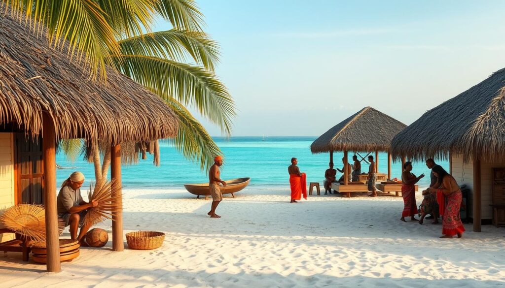 A tranquil Maldivian beach scene, with traditional thatched-roof buildings in the foreground and a crystal-clear turquoise lagoon in the background. The midground features islanders engaging in cultural activities, such as weaving palm fronds, cooking local cuisine, and participating in a traditional dance performance. The lighting is soft and warm, creating a serene and welcoming atmosphere. The overall composition conveys the unique cultural traditions and customs of the Maldives, while emphasizing the importance of respecting local rules and practices during a visit to this island paradise.