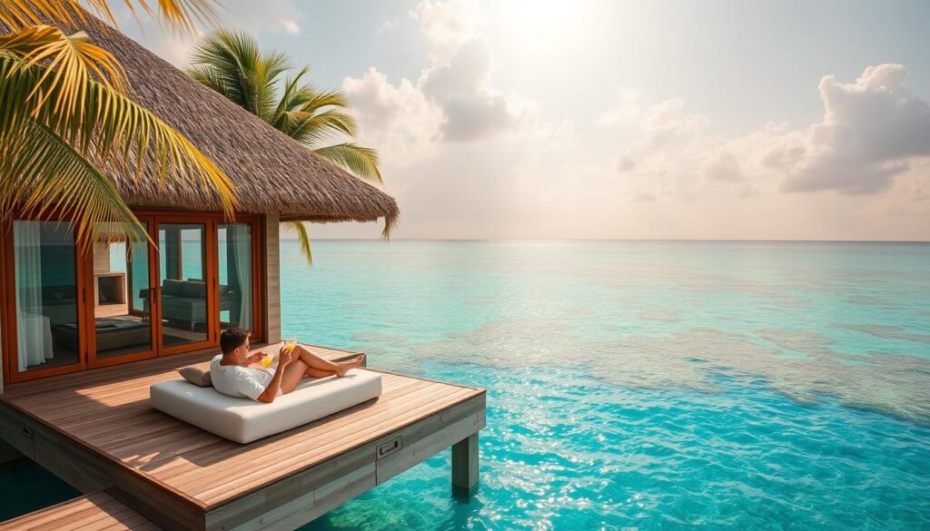 A tranquil overwater bungalow nestled in a turquoise lagoon, surrounded by swaying palm trees and a vibrant coral reef. The bungalow's thatched roof and wooden deck create a warm, rustic ambiance, while floor-to-ceiling windows offer unobstructed views of the pristine, shimmering waters. In the foreground, a couple relaxes on a plush outdoor daybed, sipping chilled cocktails and taking in the breathtaking scenery. Soft, golden sunlight filters through the clouds, casting a romantic glow over the scene. The overall mood is one of absolute serenity and luxurious escape, perfectly capturing the essence of the ultimate overwater experience.