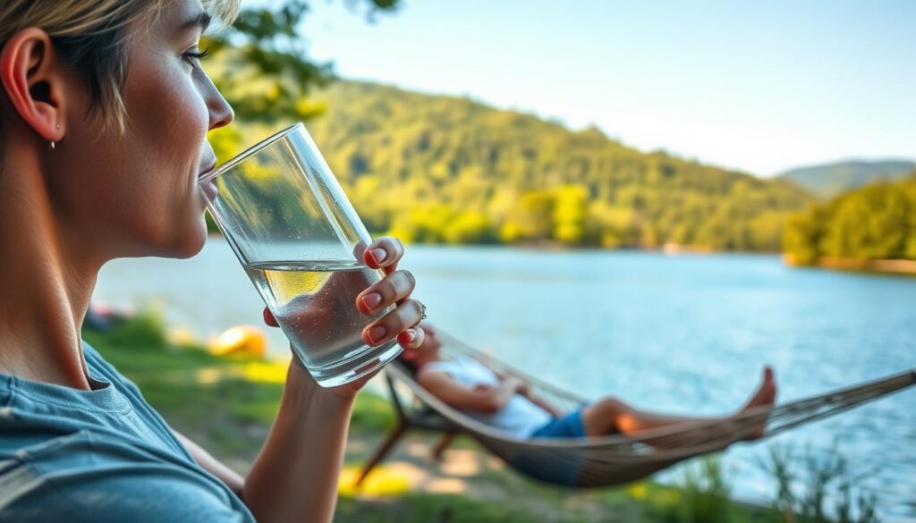 A tranquil scene of a person relaxing by a serene lake, surrounded by lush greenery. The foreground features a person sipping a refreshing glass of water, emphasizing the importance of hydration. The middle ground showcases a person reclining on a comfortable hammock, exuding a sense of relaxation. The background depicts a picturesque landscape with a calming lake and a vibrant, verdant forest, creating a serene and rejuvenating atmosphere. The lighting is soft and natural, with a warm, golden glow. The composition is balanced and inviting, capturing the essence of "hydration and relaxation tips" within the context of staying healthy while traveling. A tranquil scene of a person relaxing by a serene lake, surrounded by lush greenery. The foreground features a person sipping a refreshing glass of water, emphasizing the importance of hydration. The middle ground showcases a person reclining on a comfortable hammock, exuding a sense of relaxation. The background depicts a picturesque landscape with a calming lake and a vibrant, verdant forest, creating a serene and rejuvenating atmosphere. The lighting is soft and natural, with a warm, golden glow. The composition is balanced and inviting, capturing the essence of "hydration and relaxation tips" within the context of staying healthy while traveling.