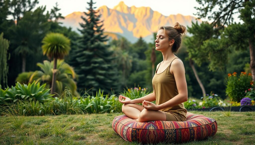 A tranquil scene of a solo traveler practicing mindful meditation in a serene natural setting. In the foreground, a person sits cross-legged on a plush, colorful meditation cushion, eyes closed, hands resting peacefully in their lap. The middle ground features lush, verdant foliage - towering trees, swaying grasses, and vibrant wildflowers. In the background, a majestic mountain range rises, bathed in a warm, golden light. The overall atmosphere is one of calm, introspection, and inner balance, conveying a sense of how mindfulness techniques can help manage travel-related anxiety.