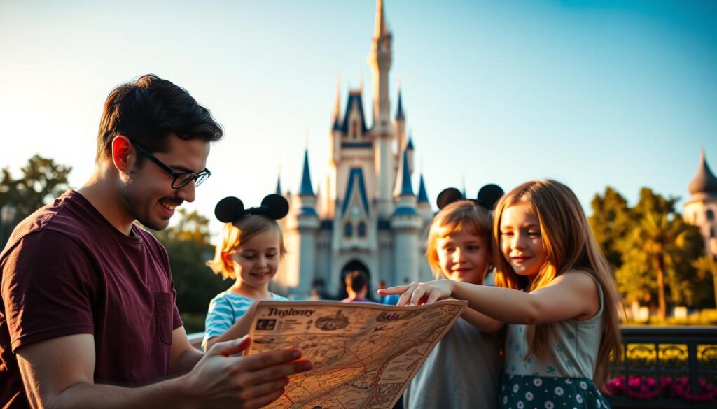 A tranquil, sun-drenched scene of a family planning their Disney World vacation. In the foreground, a young couple pore over a detailed map of the resort, their expressions filled with excitement and anticipation. In the middle ground, their two children eagerly point at attractions, their faces alight with wonder. The background depicts the iconic Cinderonian Castle, its turrets and spires shimmering under a warm, golden-hour light. The overall atmosphere is one of joyful anticipation, as the family prepares to embark on a magical, memory-making adventure at the "Most Magical Place on Earth."
