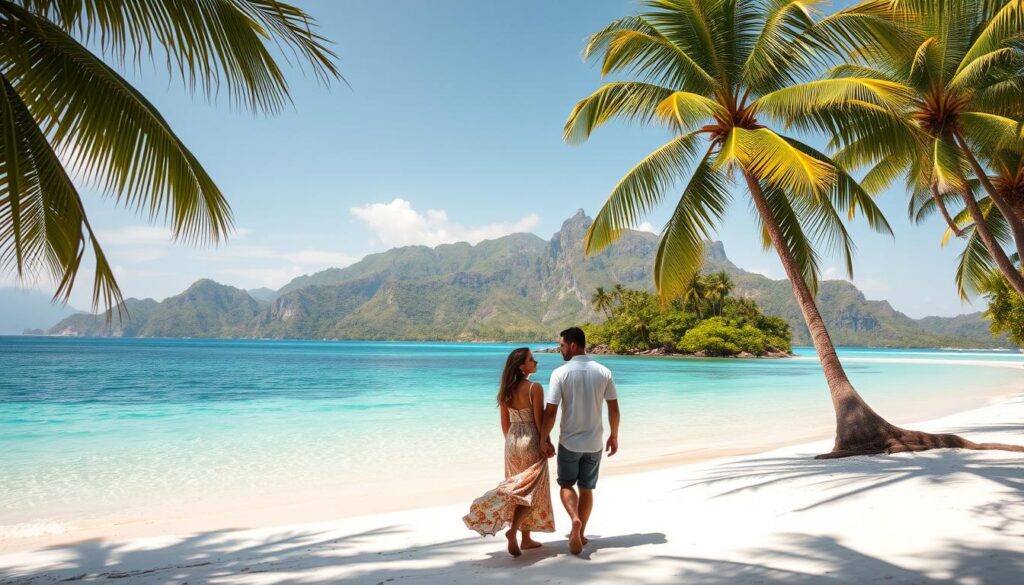 A tranquil tropical island paradise, with pristine white sand beaches, swaying palm trees, and crystal-clear turquoise waters. In the foreground, a romantic couple walks hand-in-hand along the shore, gazing into each other's eyes. The middle ground features lush, verdant foliage and a secluded, idyllic cove. In the background, majestic mountains rise up, their peaks bathed in warm, golden sunlight. The scene is captured with a wide-angle lens, creating a sense of depth and scale. The overall mood is one of serenity, intimacy, and pure, unspoiled natural beauty.