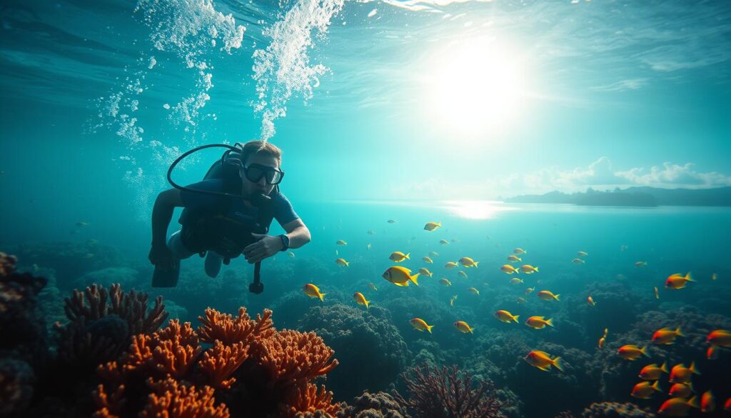 A tranquil underwater scene in the warm, turquoise waters of Thailand and the Philippines. In the foreground, a diver in budget-friendly scuba gear explores a vibrant coral reef, surrounded by schools of colorful tropical fish. The middle ground features sunlight filtering through the water, casting a dreamy, natural illumination. In the background, the silhouettes of mangrove forests and distant islands create a serene, picturesque backdrop. The overall atmosphere conveys the joy and affordability of exploring these budget-friendly dive destinations, capturing the essence of an unforgettable underwater adventure.