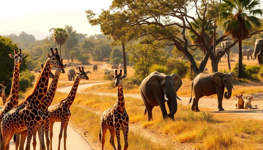 A vibrant and dynamic drive-thru safari in the untamed wilderness of Florida, with a diverse array of majestic wild animals roaming freely. In the foreground, a pack of playful, curious giraffes gracefully extend their long necks, their spotted coats shimmering in the warm, golden sunlight. In the middle ground, a herd of mighty African elephants leisurely wanders, their powerful frames creating a sense of awe and wonder. In the distant background, a pride of lions rests beneath the shade of towering palm trees, their regal presence commanding attention. The scene is bathed in a soft, hazy glow, evoking a sense of timeless, untamed beauty that transports the viewer to the heart of this unforgettable safari adventure. A vibrant and dynamic drive-thru safari in the untamed wilderness of Florida, with a diverse array of majestic wild animals roaming freely. In the foreground, a pack of playful, curious giraffes gracefully extend their long necks, their spotted coats shimmering in the warm, golden sunlight. In the middle ground, a herd of mighty African elephants leisurely wanders, their powerful frames creating a sense of awe and wonder. In the distant background, a pride of lions rests beneath the shade of towering palm trees, their regal presence commanding attention. The scene is bathed in a soft, hazy glow, evoking a sense of timeless, untamed beauty that transports the viewer to the heart of this unforgettable safari adventure.