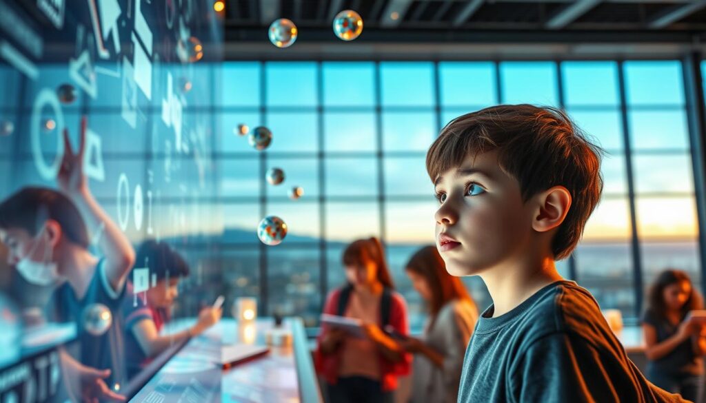 A vibrant and immersive visual learning scene. In the foreground, a curious student gazes intently at a large, interactive display, their eyes alight with discovery. Suspended in mid-air, holographic learning objects float and rotate, inviting tactile exploration. The middle ground features a group of students collaborating, sharing insights and sketching ideas on transparent tablets. Soft, diffused lighting emanates from unseen sources, creating a sense of warmth and focus. In the background, a panoramic window offers a vista of a futuristic, technology-infused learning environment, where knowledge is visually curated and brought to life.