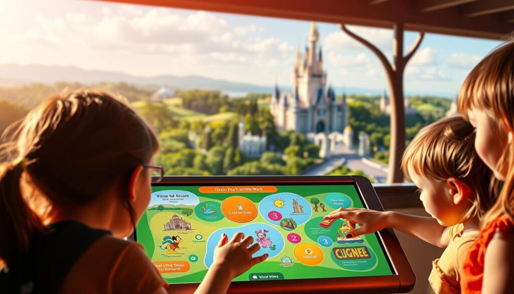 A vibrant and interactive digital guide to Disney World, showcasing a whimsical and child-friendly interface. In the foreground, a group of excited children explore a touchscreen display, navigating through a variety of activities and attractions. The middle ground features colorful icons and illustrations representing different areas of the park, while the background depicts a lush, enchanting landscape with iconic Disney landmarks. The scene is bathed in warm, natural lighting, evoking a sense of wonder and adventure. The overall atmosphere is one of exploration, discovery, and pure delight, capturing the essence of a magical day at Disney World.