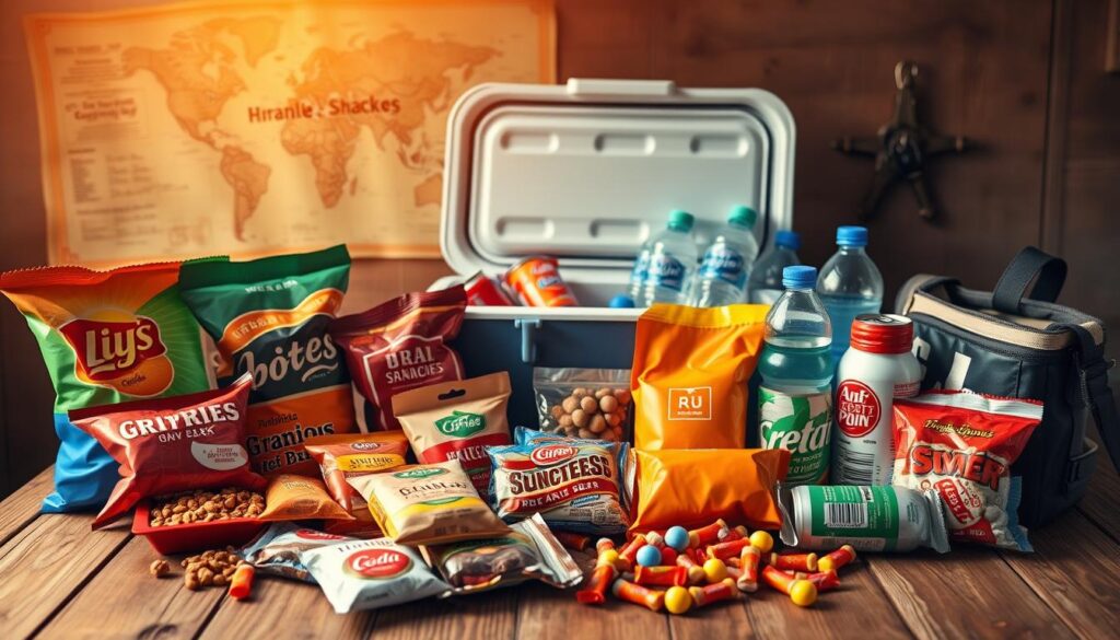 A vibrant arrangement of road trip snacks on a wooden table, bathed in warm, golden lighting. In the foreground, an assortment of salty and sweet treats - bags of chips, granola bars, trail mix, and individual-sized candies. In the middle ground, an open cooler filled with bottled waters, sports drinks, and cans of soda. The background features a vintage-inspired map, a compass, and a pair of car keys, hinting at the journey ahead. The overall atmosphere evokes a sense of adventure, anticipation, and the joy of discovering new tastes along the open road. A vibrant arrangement of road trip snacks on a wooden table, bathed in warm, golden lighting. In the foreground, an assortment of salty and sweet treats - bags of chips, granola bars, trail mix, and individual-sized candies. In the middle ground, an open cooler filled with bottled waters, sports drinks, and cans of soda. The background features a vintage-inspired map, a compass, and a pair of car keys, hinting at the journey ahead. The overall atmosphere evokes a sense of adventure, anticipation, and the joy of discovering new tastes along the open road.