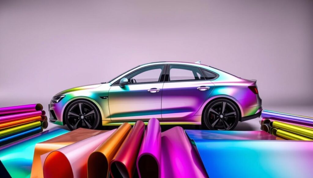 A vibrant assortment of color change vinyl wraps showcased in a studio setting, with carefully curated lighting and angles to highlight their dynamic textures and reflective properties. The foreground features a selection of vinyl samples in a range of bold, metallic, and color-shifting hues, meticulously arranged to showcase their versatility. The middle ground includes a minimalist vehicle silhouette, allowing the vinyl options to take center stage. The background maintains a clean, neutral tone, placing the focus entirely on the unique and personalized car wrap designs.