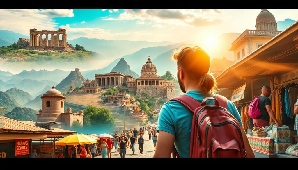 A vibrant collage showcasing the allure of budget travel spots, captured through a cinematic lens. In the foreground, a backpacker navigates bustling local markets, immersed in the vibrant colors and lively atmosphere. The middle ground features iconic landmarks - ancient ruins, serene beaches, and quaint villages - each a testament to the richness of these cost-effective destinations. The background landscape shifts, from rolling hills to towering mountains, creating a sense of boundless adventure. Warm, golden sunlight filters through, casting a dreamy, nostalgic glow and emphasizing the sense of wanderlust. Composed with a wide-angle perspective to convey the expansive scale of these budget-friendly locales, inviting the viewer to explore the world on a shoestring. A vibrant collage showcasing the allure of budget travel spots, captured through a cinematic lens. In the foreground, a backpacker navigates bustling local markets, immersed in the vibrant colors and lively atmosphere. The middle ground features iconic landmarks - ancient ruins, serene beaches, and quaint villages - each a testament to the richness of these cost-effective destinations. The background landscape shifts, from rolling hills to towering mountains, creating a sense of boundless adventure. Warm, golden sunlight filters through, casting a dreamy, nostalgic glow and emphasizing the sense of wanderlust. Composed with a wide-angle perspective to convey the expansive scale of these budget-friendly locales, inviting the viewer to explore the world on a shoestring.