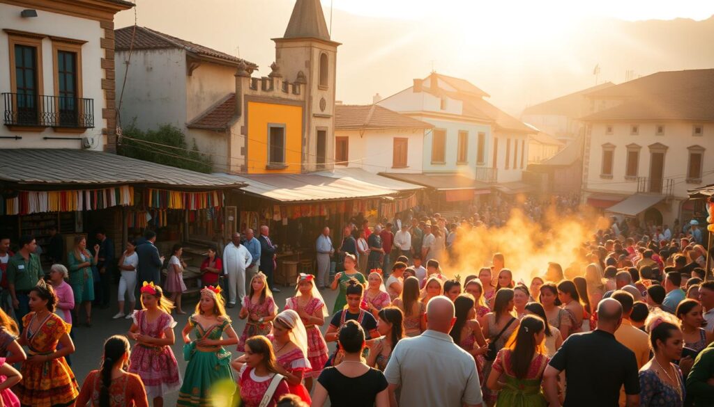 A vibrant cultural festival unfolds in the foreground, showcasing a lively parade of colorfully dressed dancers and musicians. In the middle ground, traditional artisans showcase their handcrafted wares, while in the background, historic buildings and structures provide a picturesque setting. Warm, golden sunlight filters through, casting a festive glow and accentuating the intricate details of the costumes and crafts. The scene exudes a sense of community, celebration, and deep-rooted traditions that transport the viewer to the heart of a vibrant local culture. A vibrant cultural festival unfolds in the foreground, showcasing a lively parade of colorfully dressed dancers and musicians. In the middle ground, traditional artisans showcase their handcrafted wares, while in the background, historic buildings and structures provide a picturesque setting. Warm, golden sunlight filters through, casting a festive glow and accentuating the intricate details of the costumes and crafts. The scene exudes a sense of community, celebration, and deep-rooted traditions that transport the viewer to the heart of a vibrant local culture.