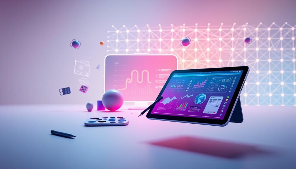 A vibrant digital workspace with an array of creative tools floating in a serene, futuristic environment. In the foreground, a sleek tablet, stylus, and various 3D modeling apps drift alongside a minimalist digital palette. The middle ground features a holographic display showcasing data visualizations, infographics, and dynamic presentations. In the background, a glowing grid of interconnected nodes and circuits symbolizes the technological underpinnings of this digital canvas. Soft, diffused lighting casts a warm, contemplative atmosphere, inviting the viewer to engage with the digital tools for visual exploration and learning.