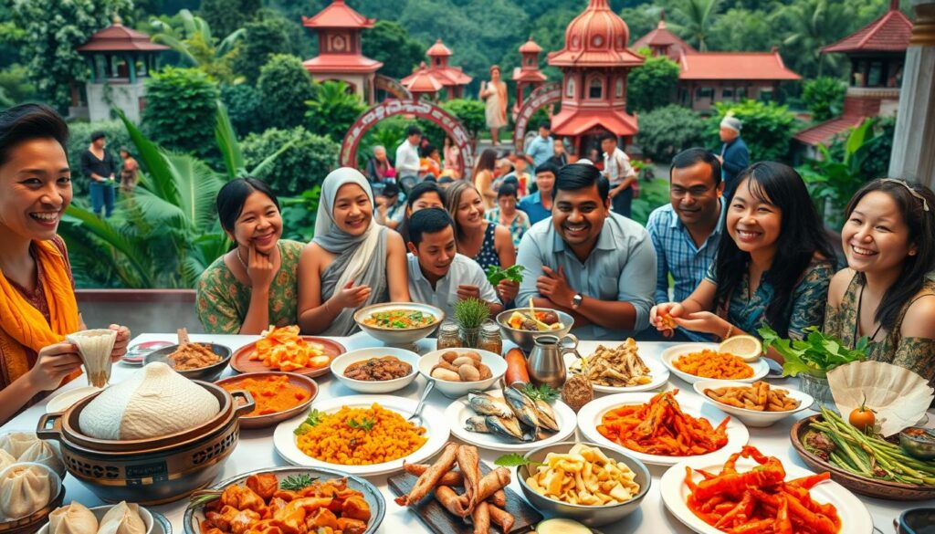 A vibrant, diverse culinary landscape unfolds, showcasing the global interconnectedness of food and culture. In the foreground, a table is set with an array of colorful dishes, each representing a distinct regional tradition - steaming dumplings, fragrant curries, and artfully plated seafood delicacies. The middle ground features a mosaic of people from various backgrounds, sharing a communal meal and exchanging culinary knowledge, their expressions reflecting a sense of wonder and shared appreciation. In the background, a lush, verdant backdrop evokes the diverse environments that nurture these culinary traditions, with architectural elements hinting at the diverse cultural influences. Warm, soft lighting bathes the scene, creating an atmosphere of conviviality and cultural exchange. A vibrant, diverse culinary landscape unfolds, showcasing the global interconnectedness of food and culture. In the foreground, a table is set with an array of colorful dishes, each representing a distinct regional tradition - steaming dumplings, fragrant curries, and artfully plated seafood delicacies. The middle ground features a mosaic of people from various backgrounds, sharing a communal meal and exchanging culinary knowledge, their expressions reflecting a sense of wonder and shared appreciation. In the background, a lush, verdant backdrop evokes the diverse environments that nurture these culinary traditions, with architectural elements hinting at the diverse cultural influences. Warm, soft lighting bathes the scene, creating an atmosphere of conviviality and cultural exchange.