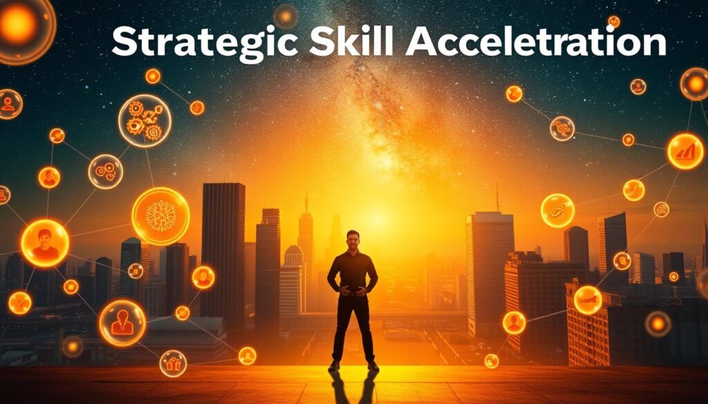A vibrant, dynamic scene depicting strategic skill acceleration. In the foreground, a person stands confidently, surrounded by glowing orbs representing various skills and knowledge. The middle ground showcases a cityscape, with skyscrapers and infrastructure symbolizing professional growth and advancement. The background is a serene, starry sky, conveying a sense of limitless potential and the vastness of personal and career development. Warm, golden lighting illuminates the scene, creating an atmosphere of inspiration and empowerment. The overall composition suggests a harmonious balance between individual mastery and the broader landscape of strategic growth.