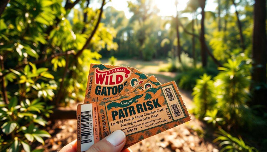 A vibrant, high-resolution photograph of a set of wild Florida gator park tickets, showcased against a natural backdrop of lush, verdant foliage and a sun-dappled forest clearing. The tickets are prominently displayed, their colors and designs captured in vivid detail, inviting the viewer to imagine the thrilling safari adventure that awaits. The lighting is warm and diffused, creating a sense of tranquility and anticipation. The camera angle is slightly elevated, allowing the tickets to be the focal point while hinting at the expansive, untamed wilderness that surrounds them. A vibrant, high-resolution photograph of a set of wild Florida gator park tickets, showcased against a natural backdrop of lush, verdant foliage and a sun-dappled forest clearing. The tickets are prominently displayed, their colors and designs captured in vivid detail, inviting the viewer to imagine the thrilling safari adventure that awaits. The lighting is warm and diffused, creating a sense of tranquility and anticipation. The camera angle is slightly elevated, allowing the tickets to be the focal point while hinting at the expansive, untamed wilderness that surrounds them.
