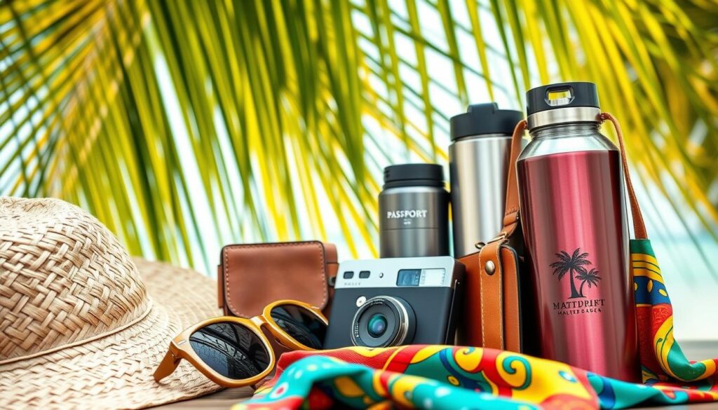 A vibrant still-life composition capturing the essential travel gear for a tropical Maldives getaway. In the foreground, a woven straw hat, bamboo-framed sunglasses, and a colorful printed sarong artfully arranged. In the middle ground, a well-worn leather passport holder, a sleek waterproof camera, and a reusable water bottle with a palm tree logo. The background features lush palm fronds swaying gently, with dappled sunlight filtering through. The overall mood is one of relaxed island sophistication, conveying the sense of adventure and indulgence that awaits the Maldives traveler.