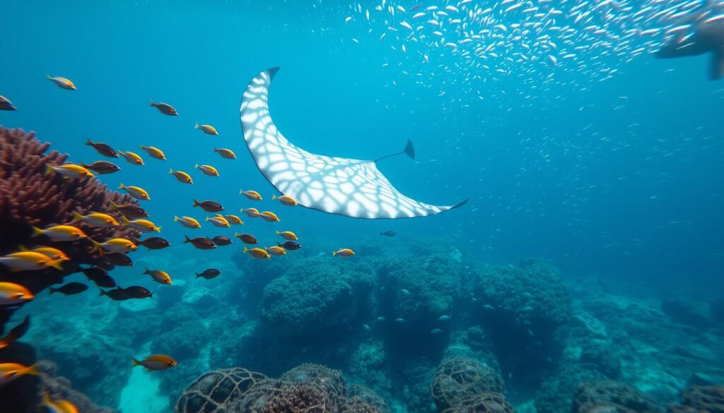 A vibrant underwater scene of Indonesia's rich marine life. In the foreground, a school of colorful tropical fish dart between swaying coral formations. In the middle ground, a majestic manta ray gracefully glides through the crystal-clear waters, its massive wingspan casting dappled shadows on the seafloor below. The background is filled with a diverse array of sea life, from schools of silvery baitfish to the occasional glimpse of a larger predator. The lighting is soft and diffused, creating an ethereal, almost dreamlike atmosphere that captures the wonder and beauty of this incredible underwater ecosystem.