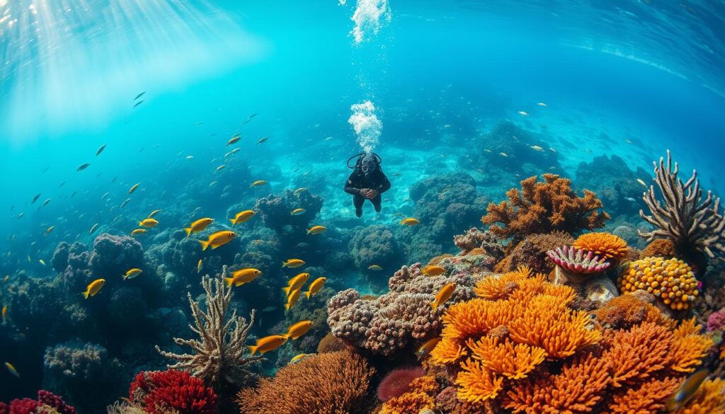 A vibrant underwater scene, teeming with life. In the foreground, a diver gracefully navigates through a kaleidoscope of colorful coral reefs, schools of tropical fish darting around them. The middle ground reveals the mysterious depths, with beams of sunlight filtering through the turquoise waters, illuminating the diverse marine life. In the background, a seamless transition to the open ocean, hinting at the vast and untamed nature of this aquatic realm. Capture the sense of exploration and wonder, with a cinematic lighting setup and a wide-angle lens to fully immerse the viewer in this captivating underwater adventure.