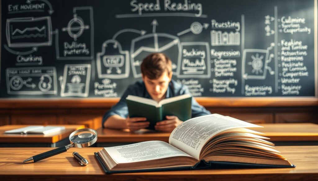 A well-lit classroom setting, a desk in the foreground with an open book, a magnifying glass, and a pen. In the middle ground, a person intensely focused on the book, their eyes rapidly scanning the pages. In the background, a large chalkboard with diagrams and infographics illustrating speed reading techniques, such as eye movement patterns, chunking, and regression. The scene is bathed in warm, natural lighting, creating a focused and contemplative atmosphere, emphasizing the process of understanding the fundamentals of speed reading.