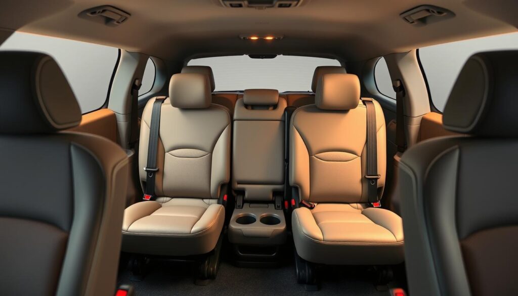 A well-lit, close-up view of various family vehicle seating configurations, showcasing different arrangements of seats, including bucket, bench, and captain's chairs. The scene should have a clean, minimalist background, allowing the seating details to take center stage. The camera should be placed at a slightly elevated angle, providing a comprehensive overview of the seating options. The lighting should be soft and diffused, highlighting the textures and materials of the seats, creating a warm and inviting atmosphere. The overall composition should convey a sense of practicality and functionality, emphasizing the importance of seating capacity and flexibility when choosing a family car.