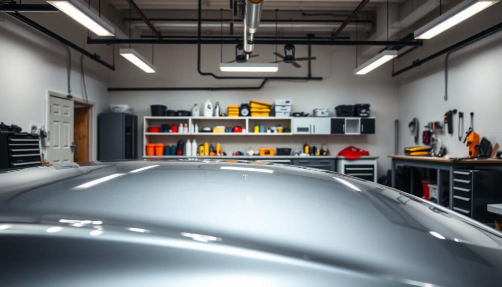 A well-lit, expansive garage interior with a sleek, luxury sedan in the foreground. The car's exterior is the focal point, showcasing a meticulous polishing process. Diffused lighting from overhead illuminates the vehicle's glossy, reflective surface, highlighting the intricate details. In the middle ground, various car detailing tools and products are neatly arranged, indicating a professional-level approach. The background features a clean, organized workspace with shelves, cabinets, and a workbench, creating a sense of an efficient, dedicated detailing setup. The overall scene conveys a serene, focused atmosphere, where the art of perfecting a car's finish is the central focus.