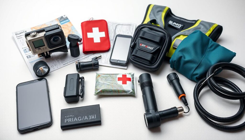 A well-lit, high-angle composition showcasing an assortment of essential tech and safety gear for a road trip. In the foreground, a sleek smartphone, a portable power bank, and a rugged action camera are neatly arranged. In the middle ground, a sturdy navigation device, a first-aid kit, and a reflective safety vest stand out. The background features a classic road map, a flashlight, and a pair of heavy-duty jumper cables, all against a clean, minimalist backdrop, conveying a sense of preparedness and adventure. A well-lit, high-angle composition showcasing an assortment of essential tech and safety gear for a road trip. In the foreground, a sleek smartphone, a portable power bank, and a rugged action camera are neatly arranged. In the middle ground, a sturdy navigation device, a first-aid kit, and a reflective safety vest stand out. The background features a classic road map, a flashlight, and a pair of heavy-duty jumper cables, all against a clean, minimalist backdrop, conveying a sense of preparedness and adventure.