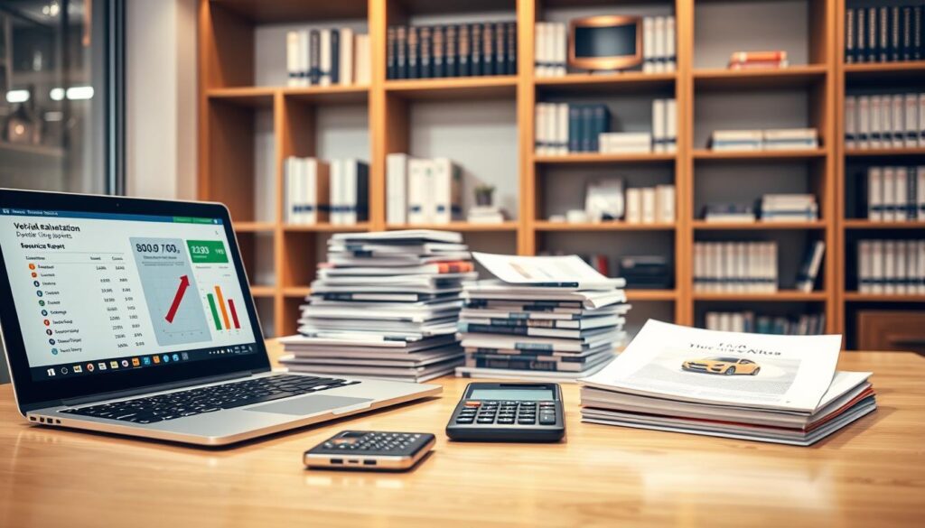 A well-lit, high-resolution, hyper-realistic image of a modern office desk, showcasing a variety of vehicle valuation research tools. In the foreground, a laptop displays a detailed vehicle pricing report, alongside a smartphone displaying a vehicle valuation app. In the middle ground, a stack of automotive pricing guides and a calculator. In the background, a bookshelf with reference materials on car pricing and negotiation strategies. The scene is illuminated by a warm, directional light source, creating a professional, informative atmosphere.
