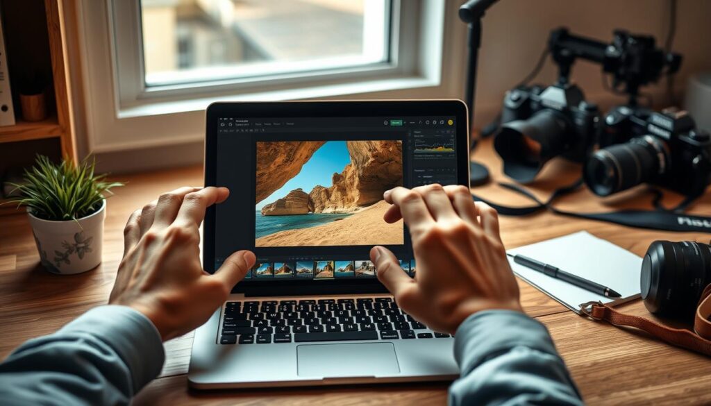 A well-lit, high-resolution image of a person's hands editing travel photos on a laptop screen. The laptop is situated on a wooden desk, with a small plant and some camera equipment in the background. The person's hands are focused on the screen, making subtle adjustments to the image's color, contrast, and composition. The atmosphere is one of focused concentration, with a sense of creative exploration and the joy of refining memories captured on camera. The lighting is a mix of natural daylight and warm, indirect artificial lighting, creating a cozy, professional ambiance.