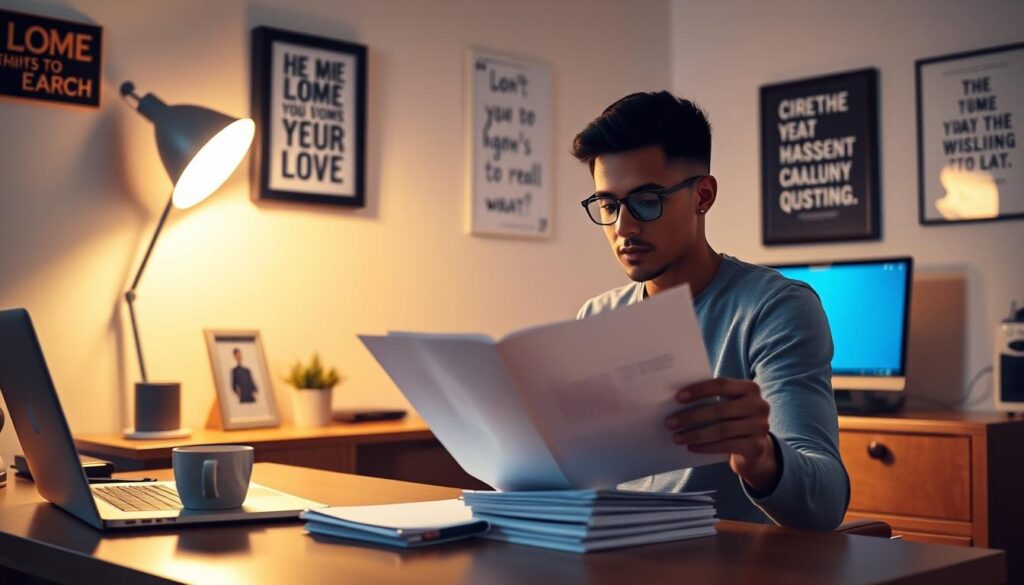 A well-lit home office with a desk, chair, and laptop. On the desk, a neatly organized stack of papers, a pen, and a cup of coffee. The walls are adorned with inspirational artwork and motivational quotes. Soft, directional lighting casts a warm glow, creating a focused and productive atmosphere. In the foreground, a person sits at the desk, intently reviewing the papers, preparing for an important job interview. Their expression is one of concentration and determination, ready to tackle any questions that may arise.