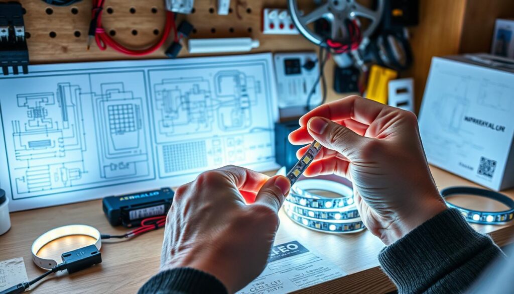 A well-lit, neatly organized workbench showcasing LED strip lighting components, including connectors, power supplies, and control modules. The LED strips are expertly installed, highlighting their bright, even illumination. In the foreground, a pair of hands carefully attaches the LED strips, guiding the viewer through the installation process. In the background, a blueprint or installation diagram provides technical guidance. The scene conveys a sense of precision, problem-solving, and a DIY spirit, perfectly suited for an article on LED lighting ideas for car interiors.