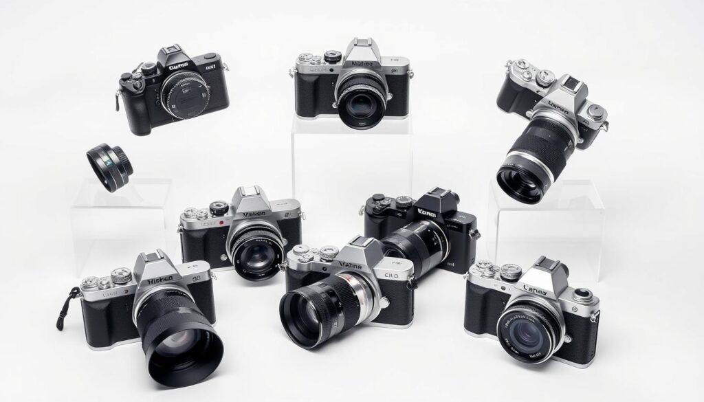 A well-lit product photography setup showcasing the top travel cameras in a sleek, modern arrangement. A pristine white backdrop allows the cameras to take center stage, their metallic bodies gleaming under soft, diffused lighting. The cameras are arranged in a dynamic, asymmetrical composition, with each model thoughtfully positioned to highlight its unique design and features. The scene conveys a sense of authority and expertise, inviting the viewer to compare and contrast the capabilities of these premium travel photography tools.