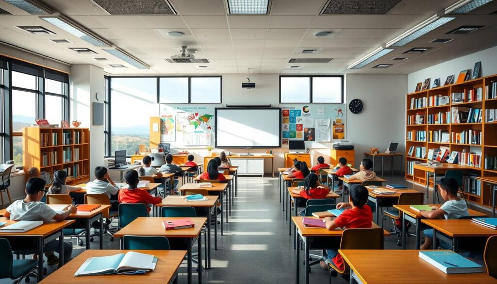 A well-lit, spacious classroom with large windows overlooking a scenic landscape. In the foreground, neatly arranged student desks and chairs, each equipped with vibrant learning materials - colorful textbooks, notebooks, and stationery. The middle ground features a large, interactive whiteboard or projection screen, surrounded by informative wall displays showcasing educational posters, artwork, and inspirational quotes. In the background, a bookshelf overflows with diverse literature, complemented by a teacher's desk adorned with thoughtfully curated teaching aids. The overall atmosphere is one of focused productivity, intellectual curiosity, and visual stimulation - an optimal environment for engaging, visually-enhanced learning.