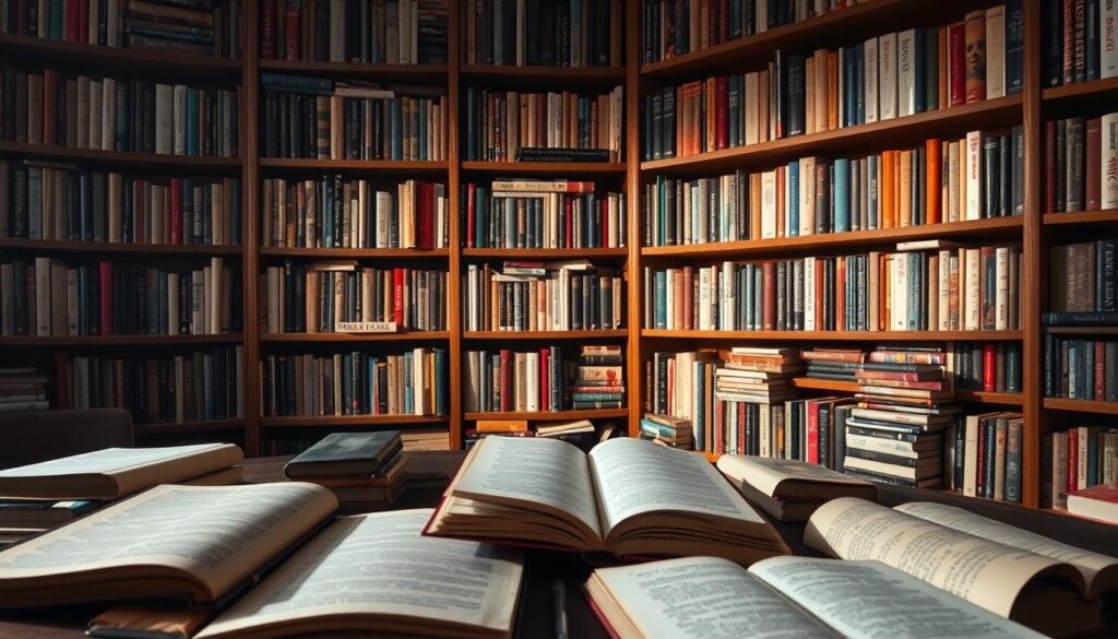 A well-lit study filled with an array of books, spanning diverse genres, topics, and perspectives. Hardcovers and paperbacks of varying sizes and colors are neatly arranged on wooden shelves, casting gentle shadows. In the foreground, several books are open, revealing pages filled with text and illustrations. The lighting is soft and warm, creating a cozy, inviting atmosphere. The camera angle is slightly elevated, allowing the viewer to see the full scope of the diverse reading list, emphasizing the importance of exposure to a wide range of literary works.