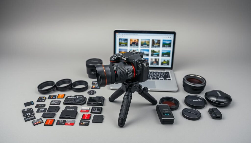 A well-organized array of professional camera gear rests on a minimalist gray backdrop. In the foreground, a high-end DSLR camera with a premium zoom lens sits atop a sturdy tripod, its sleek metal body gleaming under soft, diffused lighting. Surrounding it, an assortment of memory cards, lens filters, and a handheld light meter create a harmonious composition. In the middle ground, a laptop displays various photo file formats, including RAW, JPEG, and TIFF, hinting at the post-production possibilities. The background features a subtle gradient, creating a sense of depth and focus on the essential tools of the trade, conveying a mood of preparedness and creative potential.