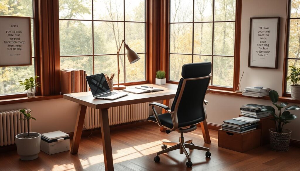 A well-organized, distraction-free study space with abundant natural light from large windows. A sturdy oak desk with a comfortable ergonomic chair, a sleek laptop, and a few carefully curated study materials. Soft, diffused lighting from a minimalist desk lamp creates a warm, focused atmosphere. The walls are adorned with inspiring artwork and motivational quotes, and a small, tasteful plant adds a touch of greenery. The overall scene conveys a sense of productivity, calm, and intentionality, ideal for effective last-minute exam preparation.