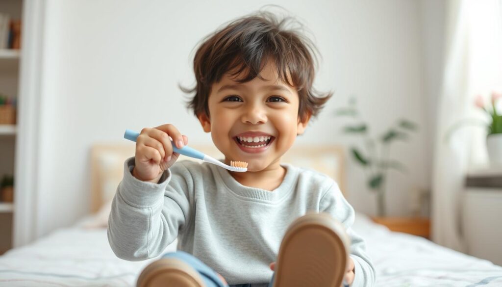 A young child proudly completing a morning routine task independently, demonstrating growing confidence through daily responsibilities A young child proudly completing a morning routine task independently, demonstrating growing confidence through daily responsibilities