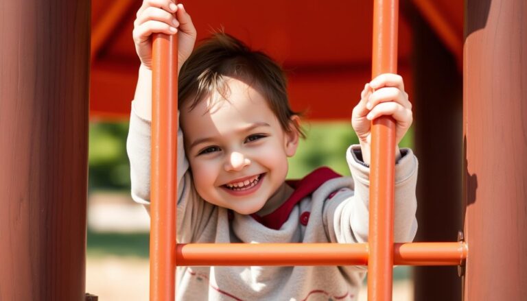 A young child successfully climbing a playground structure with a proud smile, demonstrating building confidence in young children