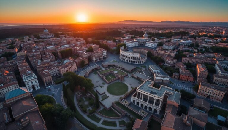 Aerial view of Rome showing the Colosseum and Roman Forum at sunrise, perfect for planning one day in Rome