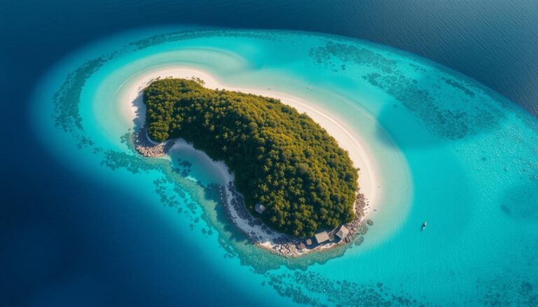 Aerial view of a pristine undiscovered island with turquoise waters and white sand beaches