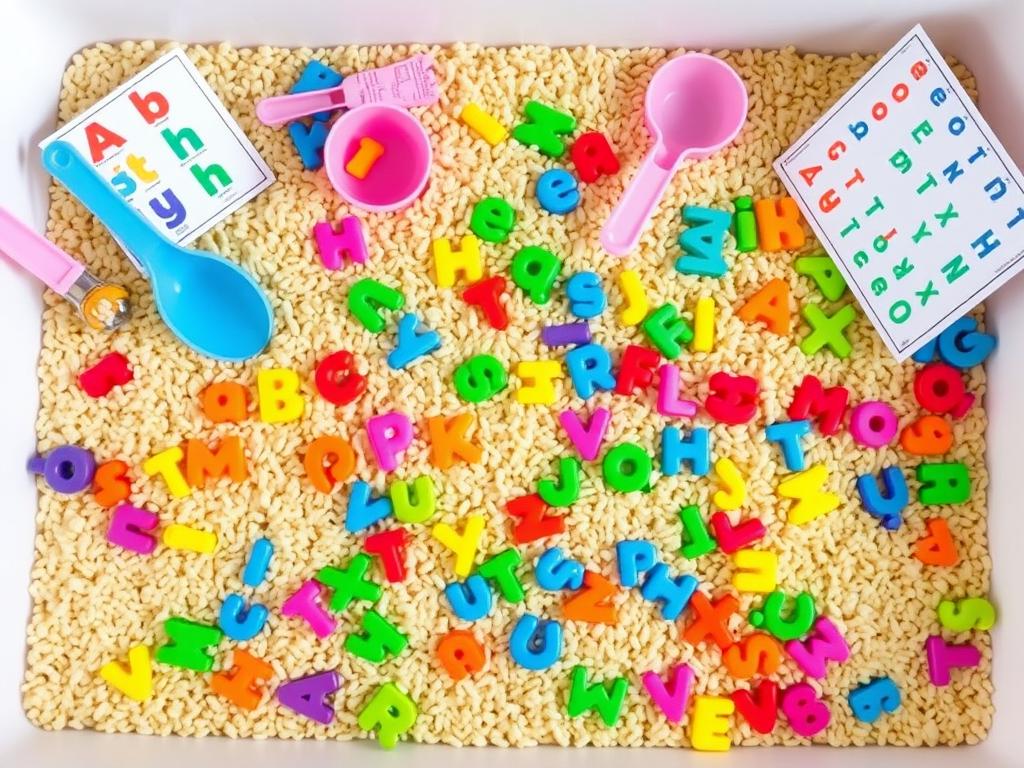 Alphabet sensory bin with letters hidden in colored rice Alphabet sensory bin with letters hidden in colored rice