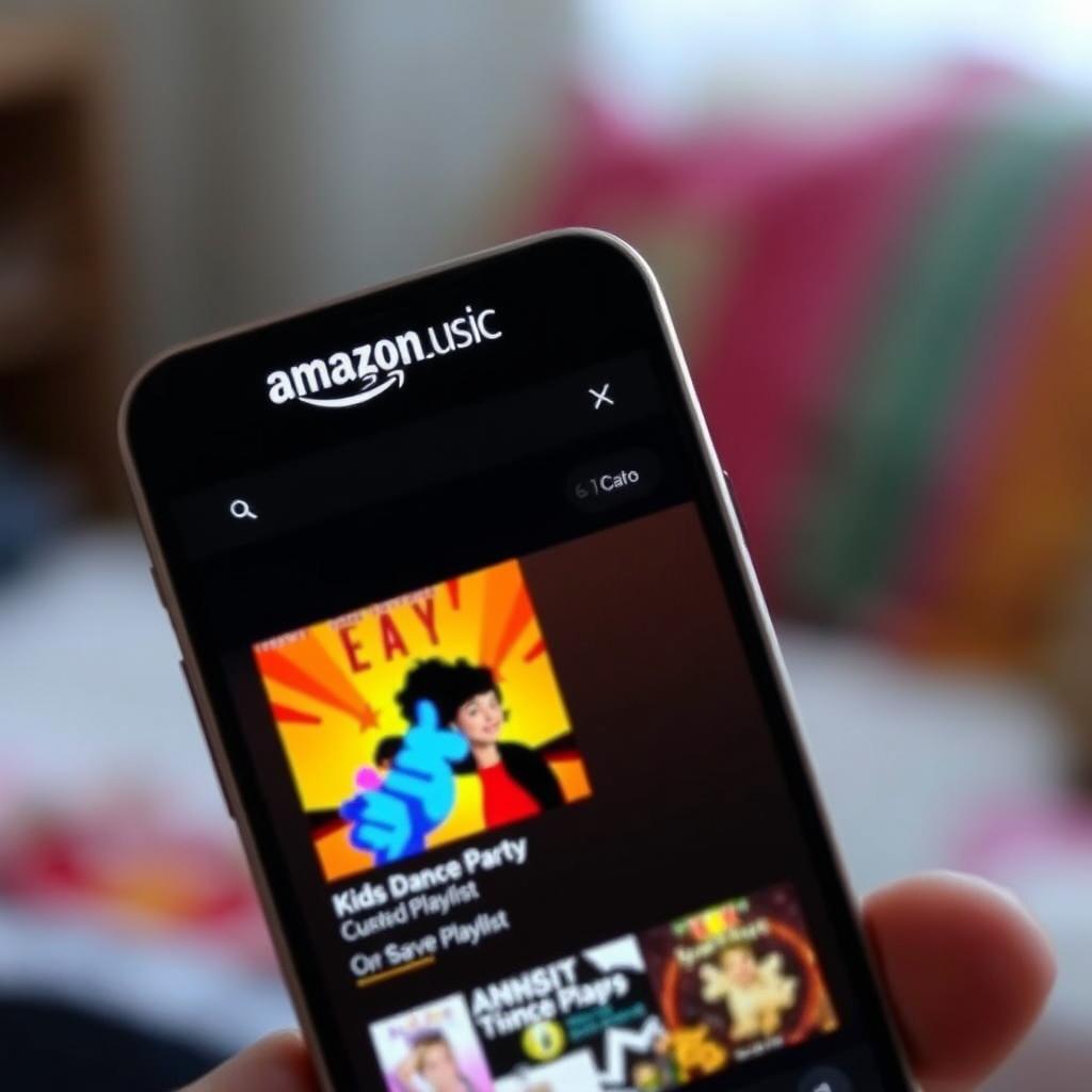 Amazon Music app showing kids dance playlists on a smartphone Amazon Music app showing kids dance playlists on a smartphone
