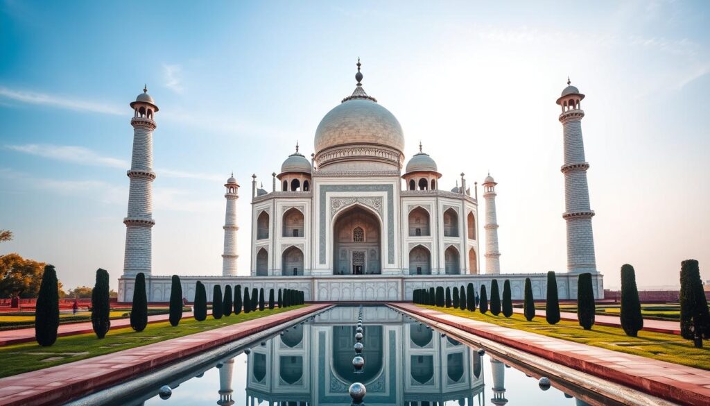 An elegant, awe-inspiring architectural marvel set against a vibrant, clear sky. The iconic Taj Mahal, with its pristine white marble façade and intricate domed silhouette, stands tall and serene, reflecting in the still waters of the ornamental garden pool. Sunlight caresses the structure, casting delicate shadows and highlights that accentuate the structure's exquisite symmetry and ornate details. The grand, arched entrances and minarets stretch skyward, creating a sense of grandeur and timeless elegance. This breathtaking sight, a true testament to the ingenuity and craftsmanship of its builders, evokes a profound sense of wonder and reverence.