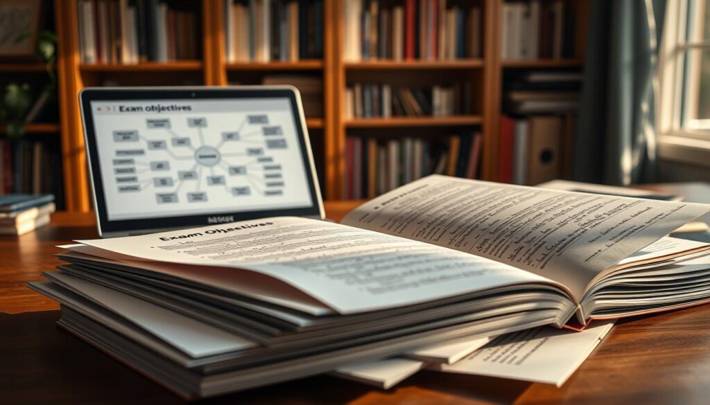 An intricately detailed analysis of exam objectives, illuminated by a warm, natural light that casts subtle shadows across the page. In the foreground, a stack of neatly organized notes and documents, each meticulously annotated, conveying a sense of diligent preparation. The middle ground features a sleek, minimalist laptop, its screen displaying a mind map of key topics and learning objectives. In the background, a bookshelf filled with relevant study materials, creating a cozy, intellectual atmosphere. The overall scene exudes a focused, contemplative mood, reflecting the importance of deeply understanding exam requirements for effective test preparation.