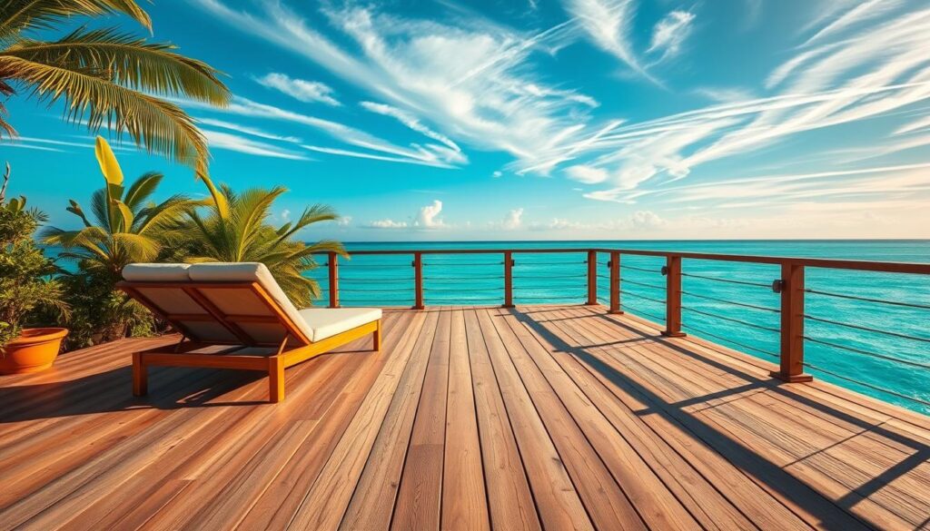 An oceanfront deck with a panoramic view of crystal-clear turquoise waters and a distant horizon. The wooden planks are weathered and sun-kissed, inviting you to sink into a plush lounge chair and soak in the tranquil ambiance. Wispy cirrus clouds dot the bright azure sky, casting a warm, golden glow across the scene. Lush tropical foliage frames the deck, swaying gently in a soft, salty breeze. The deck's railing is adorned with subtle lighting fixtures, ready to illuminate the space as the day fades into a breathtaking sunset. This serene, picturesque setting offers a perfect vantage point to capture the beauty and serenity of the ocean.