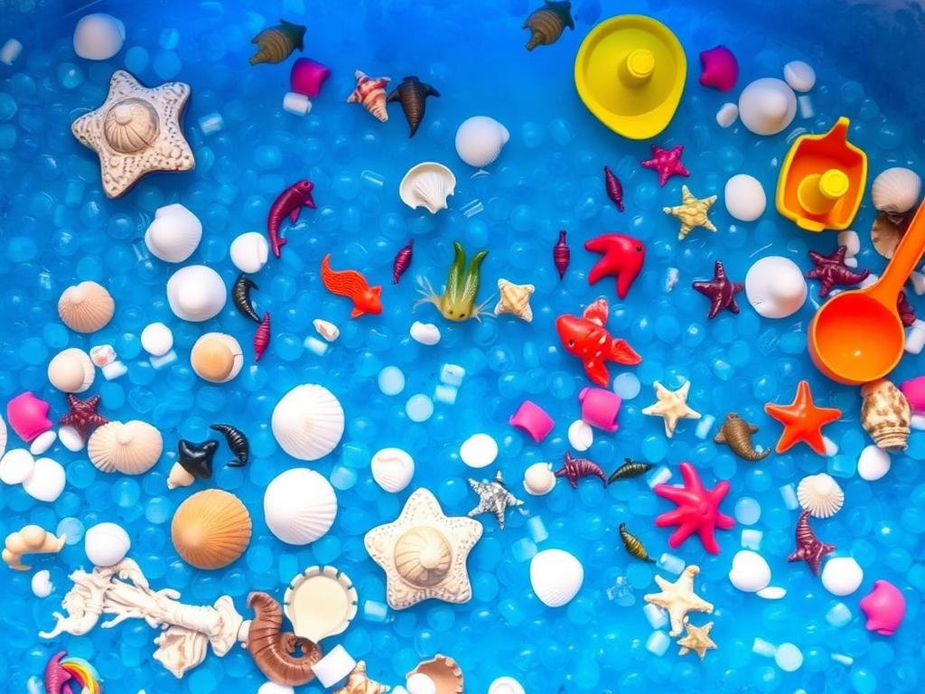 Blue water beads ocean sensory bin with sea creatures and shells Blue water beads ocean sensory bin with sea creatures and shells